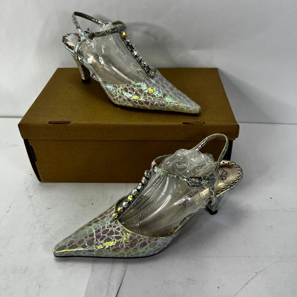 J. Renee T-Strap Pointed Kitten Heel Iridescent Rhinestone Detail Size 7